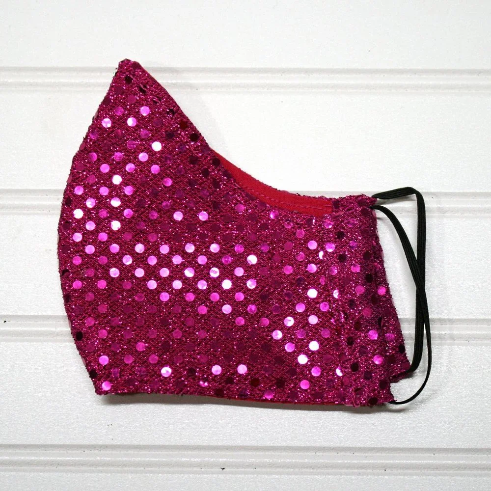 HAND CRAFTED Face Mask Hot Pink Confetti Dot Sequin - Adult - Shield Style